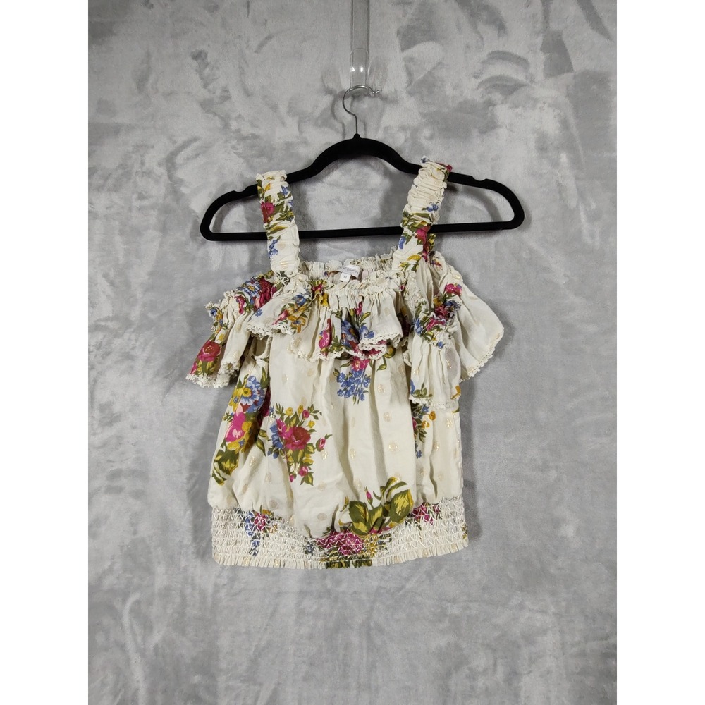 House of‎ Harlow 1960 Floral Cold Shoulder Ruffle Top Cream Gold Lurex Medium